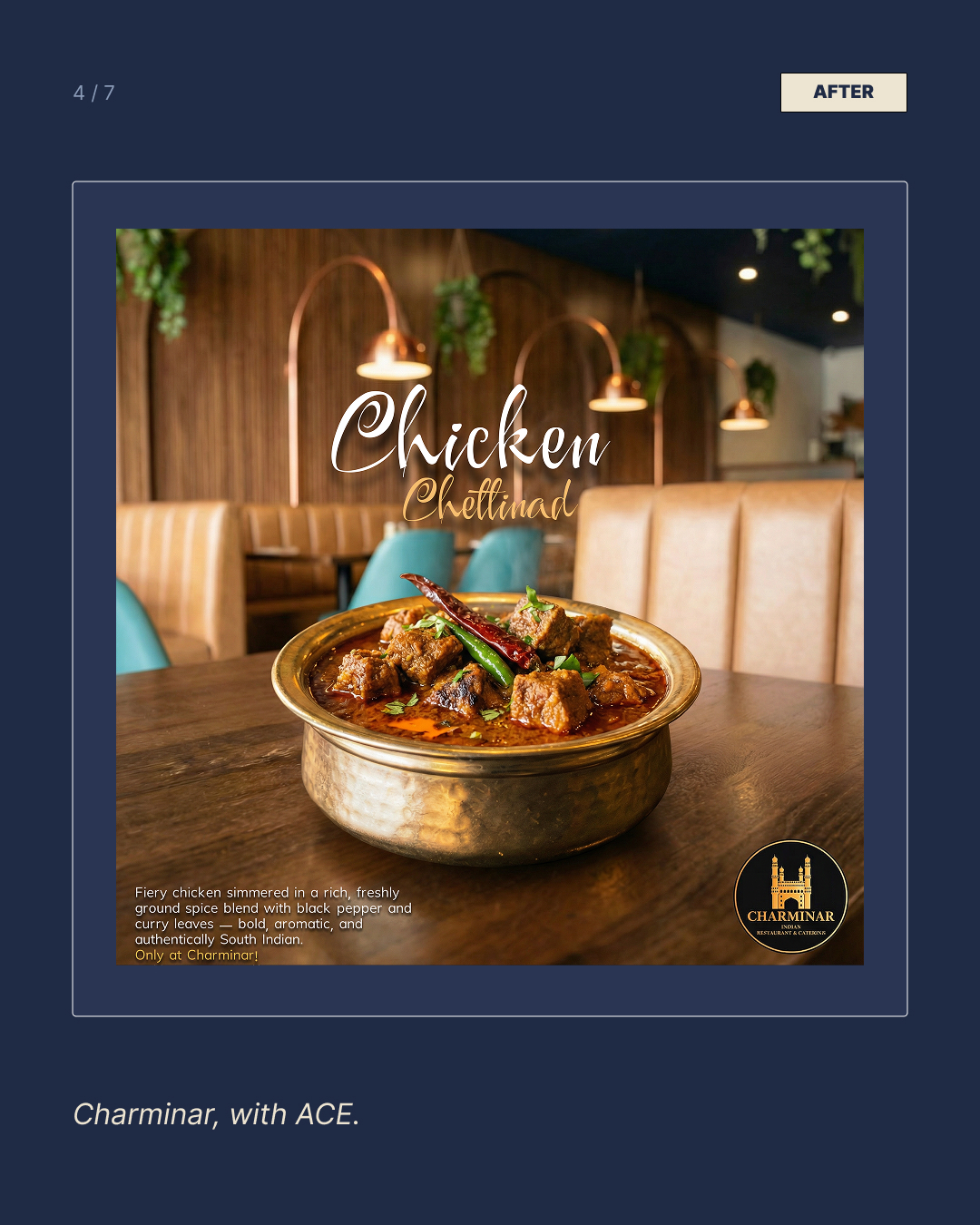 Charminar Chicken Chettinad — premium food photography after ACE